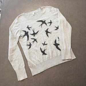 Halogen Gray Bird Print Sweater Women's Large Lightweight Knit